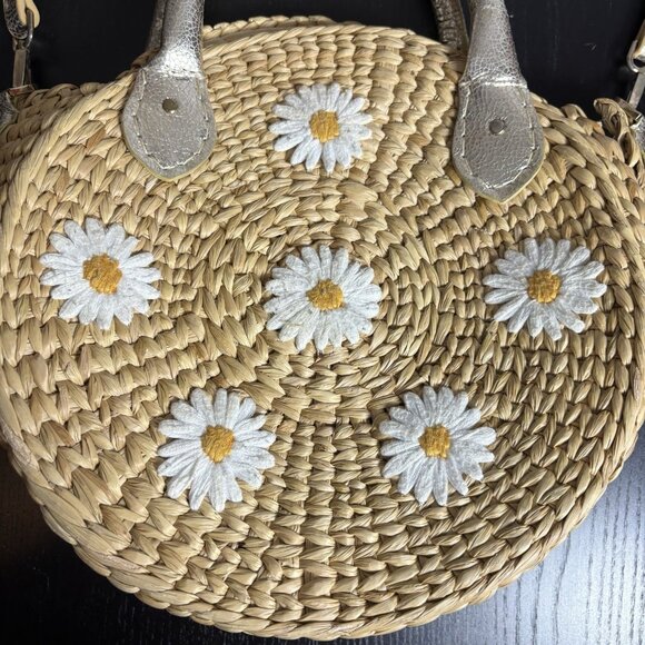 FLAWED, READ -- POOLSIDE Daisy Embroidery Maxine Straw Beach Tote Bag Purse - Picture 4 of 12
